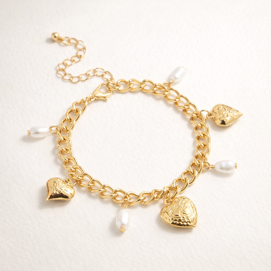 Bracelet Charms Cœurs Doré & Perles | Romance