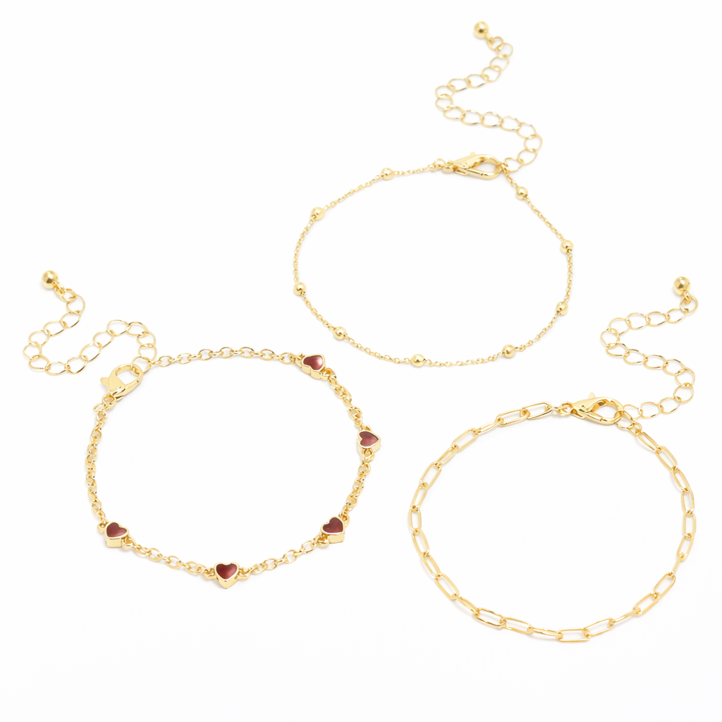 Trio de Bracelets Dorés Cœurs & Chaînes | Harmonie Délicate