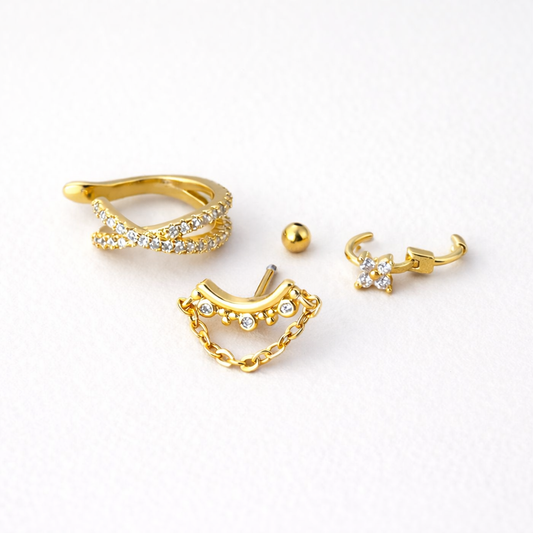 Trio de Boucles d’oreilles Dorées Serties de Cristaux | Élégance