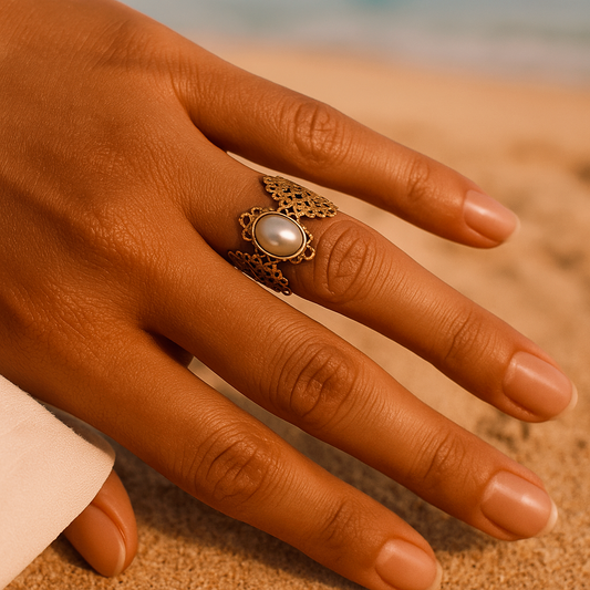 Bague Dentelle Dorée & Perle Nacrée | Royale
