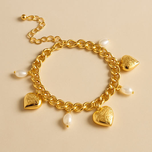 Bracelet Charms Cœurs Doré & Perles | Romance