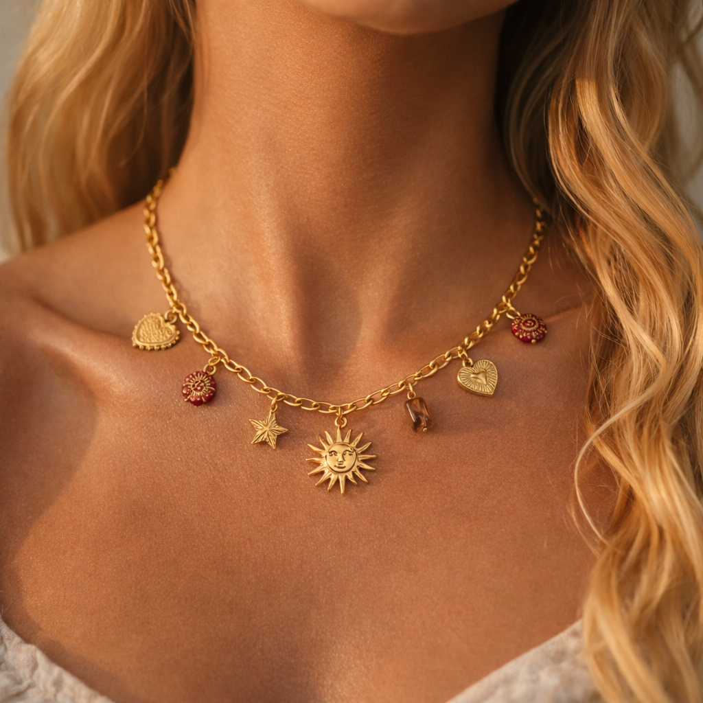 Collier Soleil & Étoiles à Breloques Doré | Rayonnement