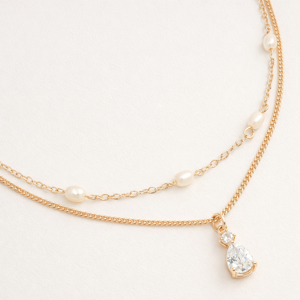 Collier superposé doré perles d’eau douce & zircon | Élégance
