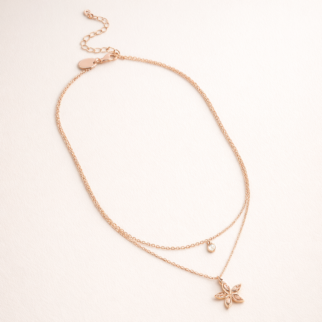 Collier Rose Doré Fleur Superposé | Éthéré