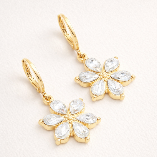 Boucles d’oreilles pendantes fleur dorée serties de zircons | Éclat floral