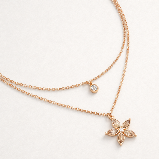 Collier Rose Doré Fleur Superposé | Éthéré
