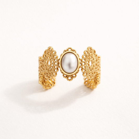 Bague Dentelle Dorée & Perle Nacrée | Royale