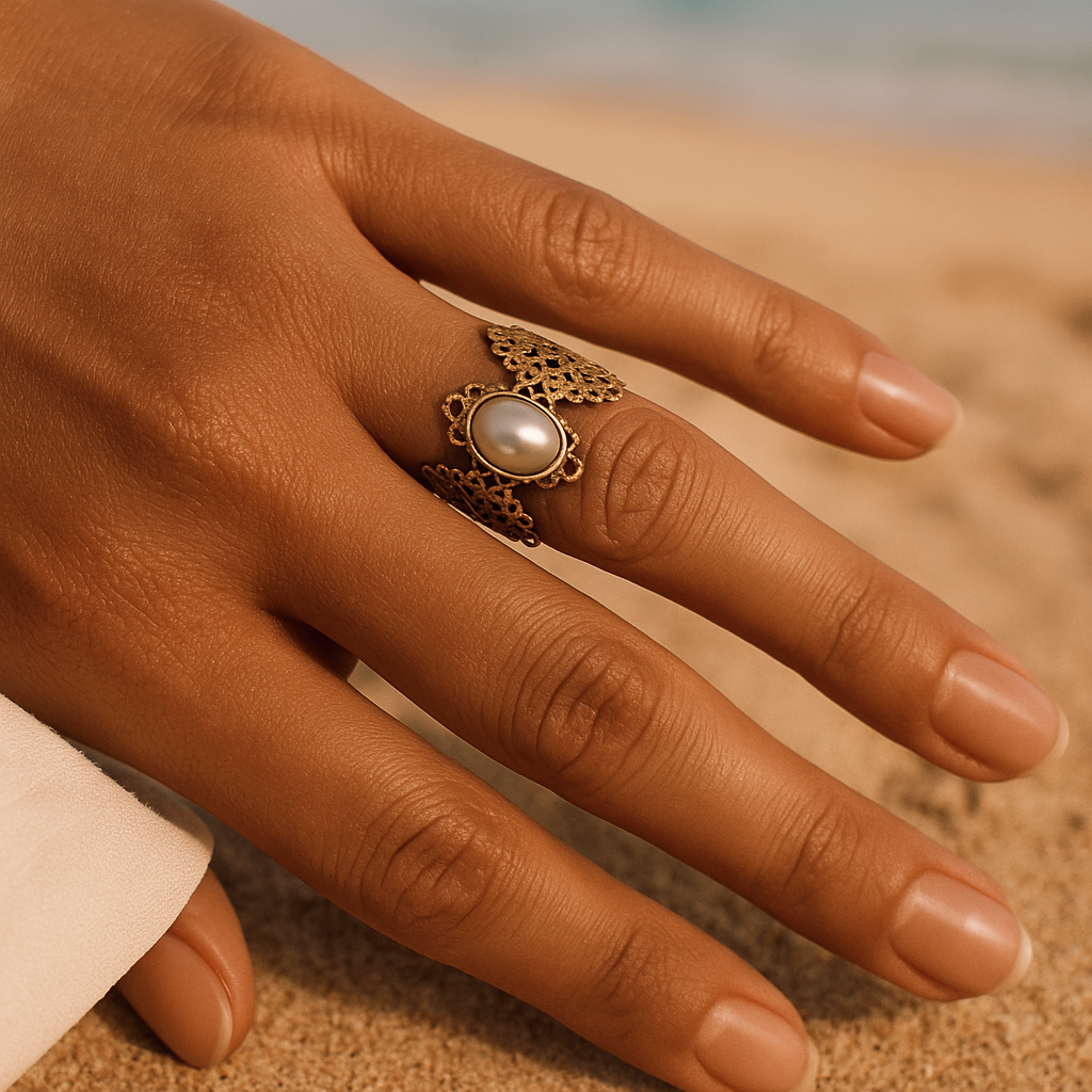 Bague Dentelle Dorée & Perle Nacrée | Royale