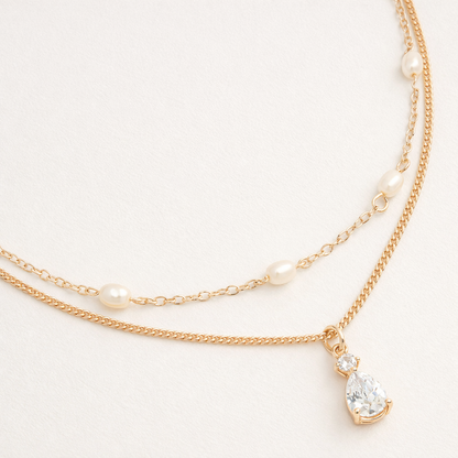 Collier superposé doré perles d’eau douce & zircon | Élégance lumineuse