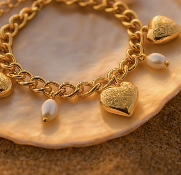 Bracelet Charms Cœurs Doré & Perles | Romance