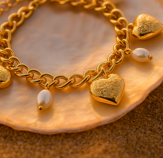 Bracelet Charms Cœurs Doré & Perles | Romance