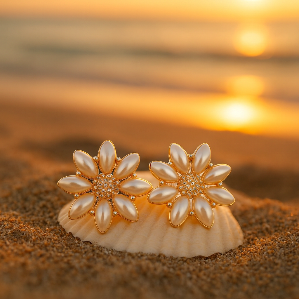 Boucles d’oreilles Fleur Perles Dorées | Fleur d’or