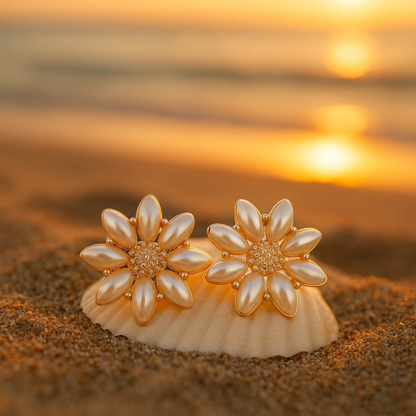 Boucles d’oreilles Fleur Perles Dorées | Fleur d’or